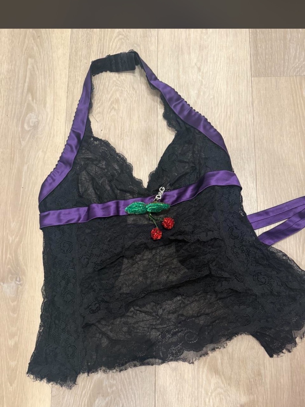 Dolce & Gabbana Black Lace Halter Chemise with Purple Satin and Cherry Detail